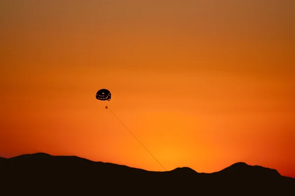 Skydivers silhouette under parachute canopy against sunset sky — Stock Photo, Image