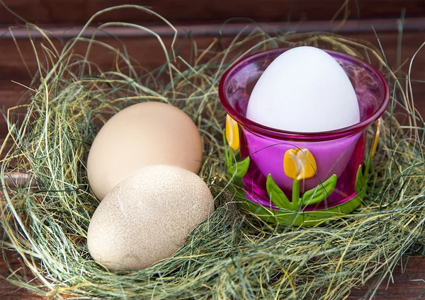 Easter eggs in nest on rustic wooden planks — Stock Photo, Image