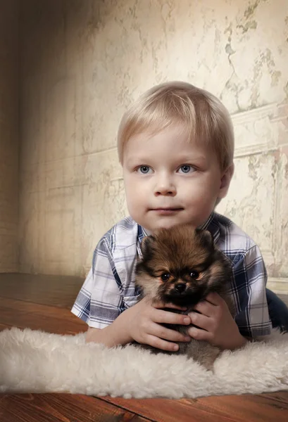 Adorable boy with Spitz puppy — Stock Photo, Image