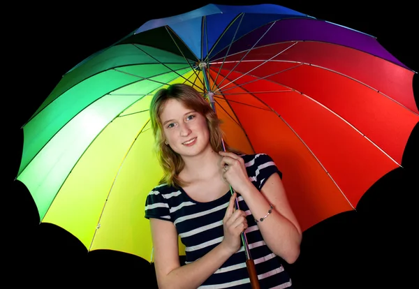 Smiling girl with colorful umbrella — Stock Photo, Image