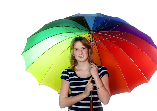 Smiling girl with colorful umbrella — Stock Photo, Image