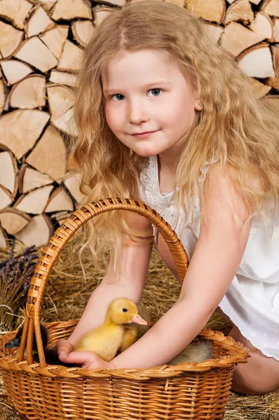 Cute little girl with duckling has easter — Stock Photo, Image