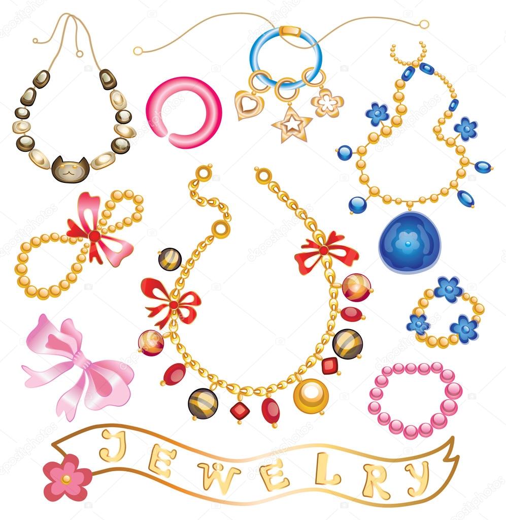 collection of gold jewelery with precious stones (vector illustr