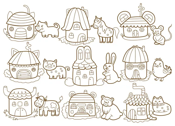 动物和他们的房子 （填色书) — 图库矢量图片