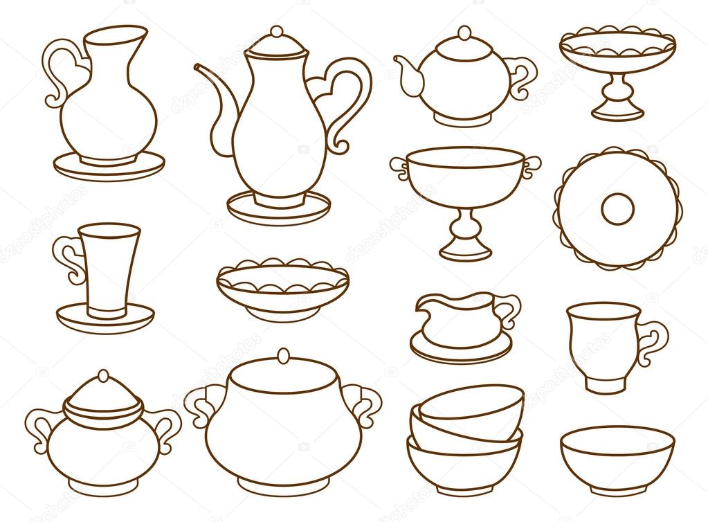 collection of porcelain tableware for tea (coloring book)