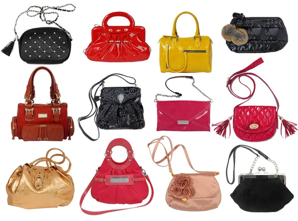 Samling av kvinnors handväskor isolerad på vit — Stockfoto