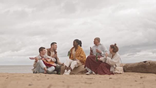 Długie Ujęcie Pięciu Młodych Przyjaciół Siedzących Kamieniach Piasku Plaży Śmiejących — Wideo stockowe