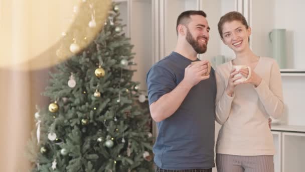 Mittleres Junges Blauäugiges Kaukasisches Paar Loungewear Steht Geschmückten Baum Wohnzimmer — Stockvideo