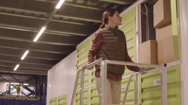 Kafkasyalı genç bir kadın depo çalışanının merdivene çıkıp depoya ağır karton kutular koyması.