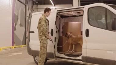 Orta uzunluktaki beyaz erkek güvenlik uzmanı servis köpeğiyle teslimat minibüsünü arıyor, kutular etrafında hayvan kokluyor.