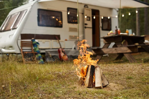 RV Camping Site with Bonfire — Stock Photo, Image