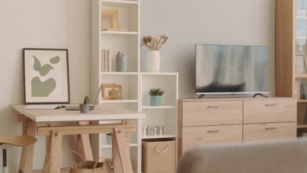 People Overview Cozy Minimalist Style Living Keeping Room Wooden Dresser — Stock video