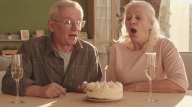 Neşeli beyaz kadın ve kıdemli kocası evde oturuyor, köpüklü şarap içiyor, doğum günü pastasında mum üflüyor ve sarılıyorlar.