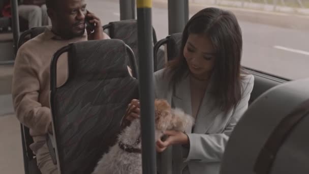 坐在公共交通工具靠窗的座位上 爱抚着她的狗 微笑着的年轻亚洲女人的高角度 — 图库视频影像