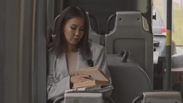 Waist Young Asian Female Student Wearing Grey Blazer Reading Book — Stock Video