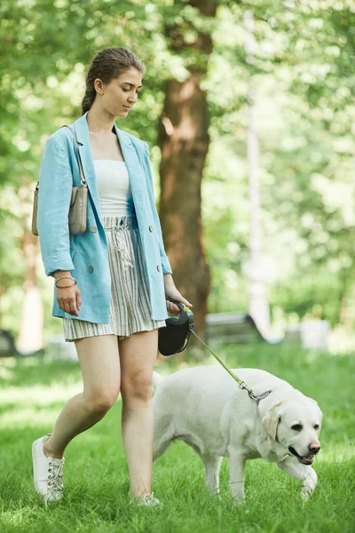 Mujer paseando perro en parque — Foto de Stock