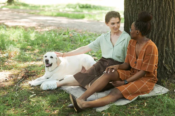Jonge vrouwen met hond in het park — Stockfoto