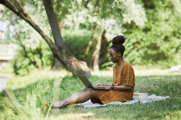 African American Woman Använda laptop i Park — Stockfoto