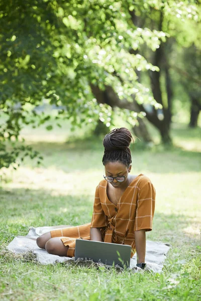 Afro-americano mulher usando computador no parque — Fotografia de Stock