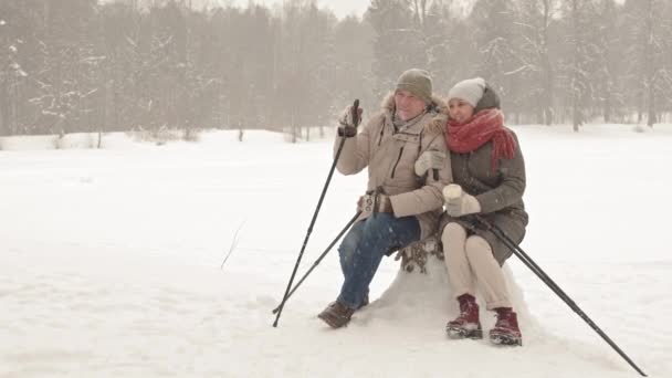 Lange Kans Van Gelukkig Senior Paar Met Palen Voor Nordic — Stockvideo