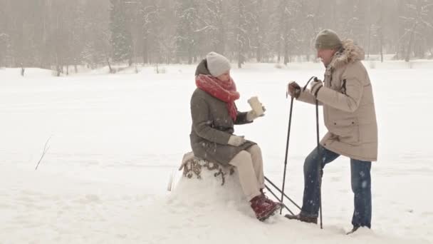 Vue Latérale Couple Heureux Avec Des Bâtons Pour Marche Nordique — Video