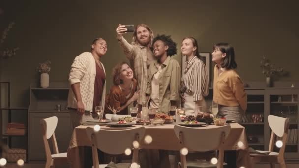 Medium Long Multiethnic Female Male Friends Taking Selfie Using Smartphone — Stock Video