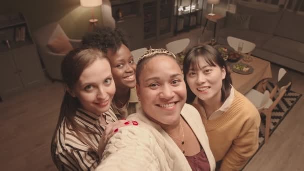 High Angle Handheld Pov Happy Multiethnic Women Taking Selfies Smiling — стоковое видео