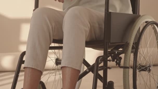 坐在轮椅上的白种人老年残疾妇女斜视画像 — 图库视频影像