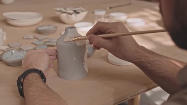 Slowmo Shot Unrecognizable Man Painting Beautiful Handmade Clay Vase Brush — Stock Video