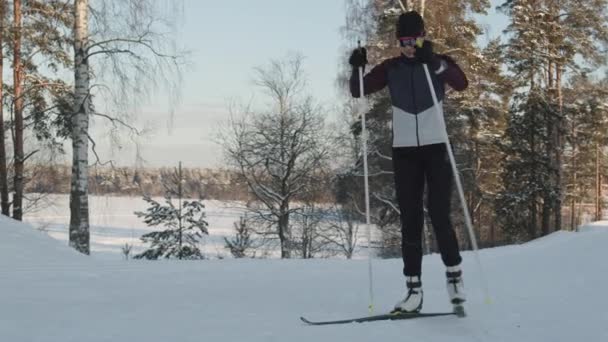 Spor Kıyafetleri Gözlükler Takan Güneşli Kış Günlerinde Ormanda Kayak Yapan — Stok video