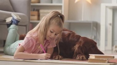 El kamerasında 8 yaşındaki güzel bir kızın, hoş bir yatak odasında yere uzanmış, yanında tatlı bir İrlandalı köpeğin dinlendiği bir kitap yazarken çekilmiş bir fotoğrafı.