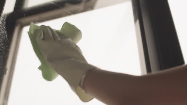 家事中にきれいなスプレーや布で窓を掃除ゴム手袋で若いアジアの女性の低速と低角度の中間クローズアップ — ストック動画