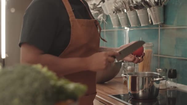 Låg Vinkel Beskuren Kvinna Bär Förkläde Göra Nedskärningar Tomatskal Och — Stockvideo