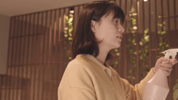 Sledování Pomalý Záběr Mladé Asijské Ženy Postřik Vody Domácí Rostliny — Stock video