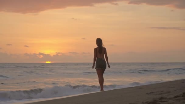 Rear View Full Shot Young Beautiful Woman Swimwear Denim Shorts — Stock Video
