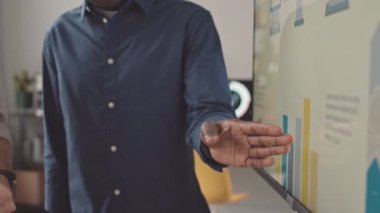 Erkek Siyahi ve Kafkas yöneticiler ekranda ekranda sunum yaparak, konuşarak ve hazırlanarak ayakta duruyorlar.