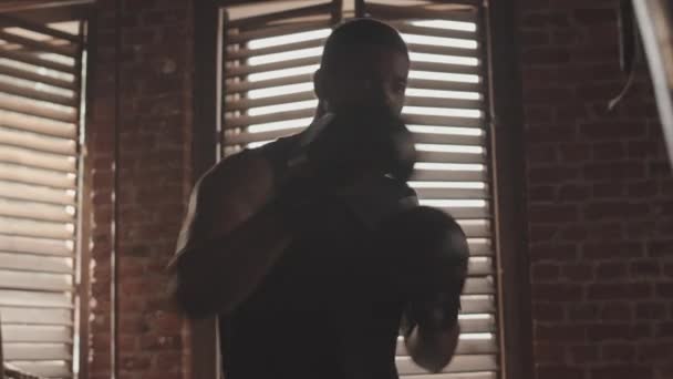 Medium Slowmo Shot Young Muscular African American Man Boxing Gloves — Stock Video