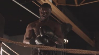 Eğitimden önce ringde duran ya da dövüşen üstsüz, siyah boksör erkek boksörün orta yavaş çekimi.