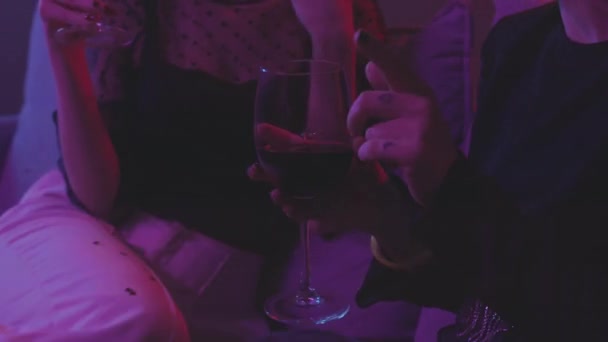 Tilt Slowmo Shot Two Young Attractive Women Toasting Glasses Red — Stock Video