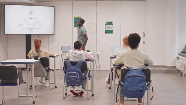 Wide Shot Young Black Male Teacher Standing Classroom Explaining Process — Stock Video