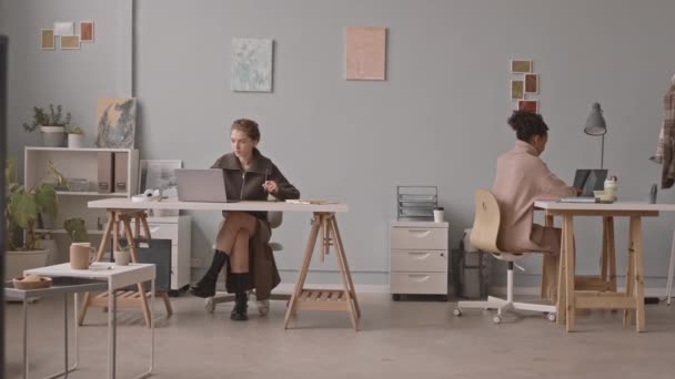 ラップトップ上でプロジェクトを議論する小さな居心地の良いオフィスで働く2人の女性デザイナーのチームのスローショット — ストック動画