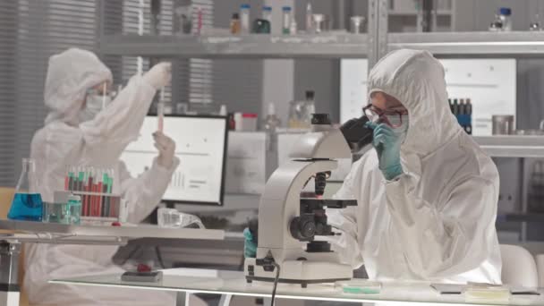 전반적으로 모자를 안경을 마스크를 책상에 현미경을 사용하는 과학자들이 뒤엉켜 — 비디오