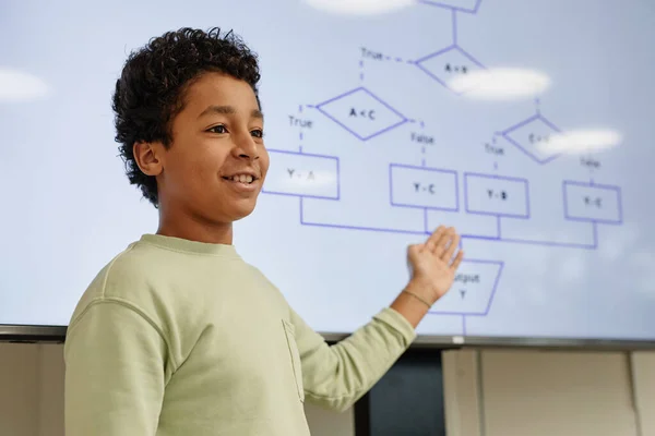 Ragazzo che presenta in classe di codifica — Foto Stock