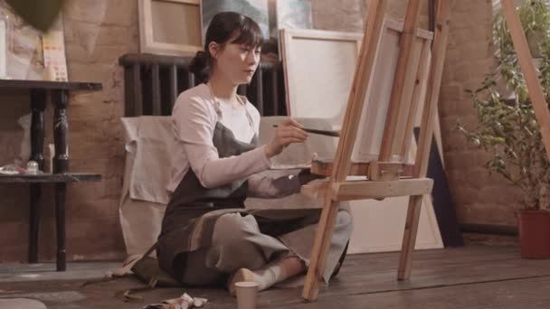 앞치마를 그림을 그리고 그림을 그리며 스튜디오 바닥에 아시아의 학도의 감동적 — 비디오