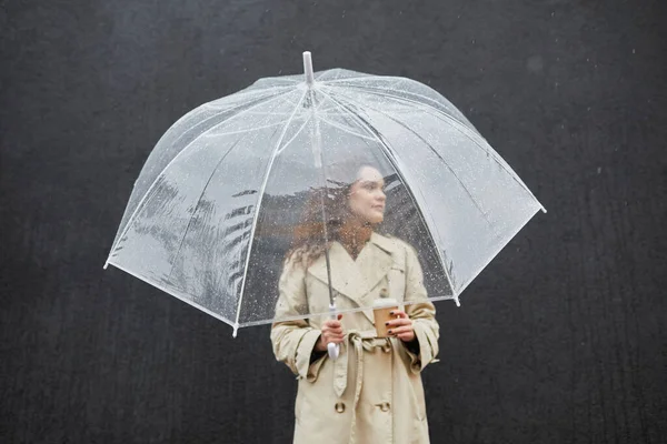Mujer de pie bajo el paraguas — Foto de Stock