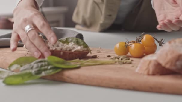 Slowmo Close Unrecognizable Hands Adding Pumpkin Seeds Blue Cheese Tomato — Stockvideo