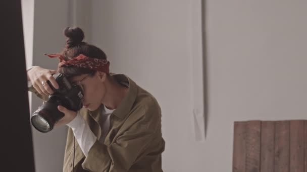 Medium Shot Young Female Photographer Taking Pictures Camera Studio — Video