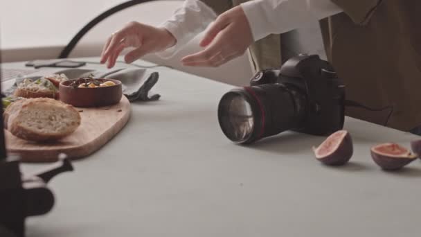 Slowmo Close Unrecognizable Female Food Blogger Arranging Composition Delicious Tomato — Video