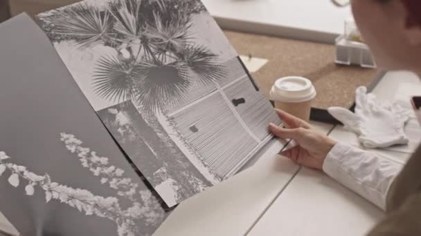 Medium Close Talented Young Female Photographer Looking Printed Black White — Vídeo de stock