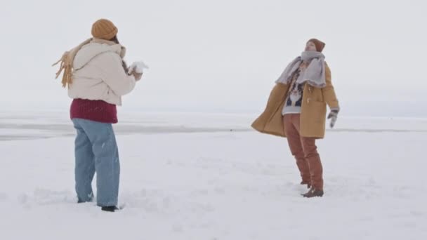 Slowmo Shot Romantic Young Couple Playing Snowballs Cold Winter Day — Stok video